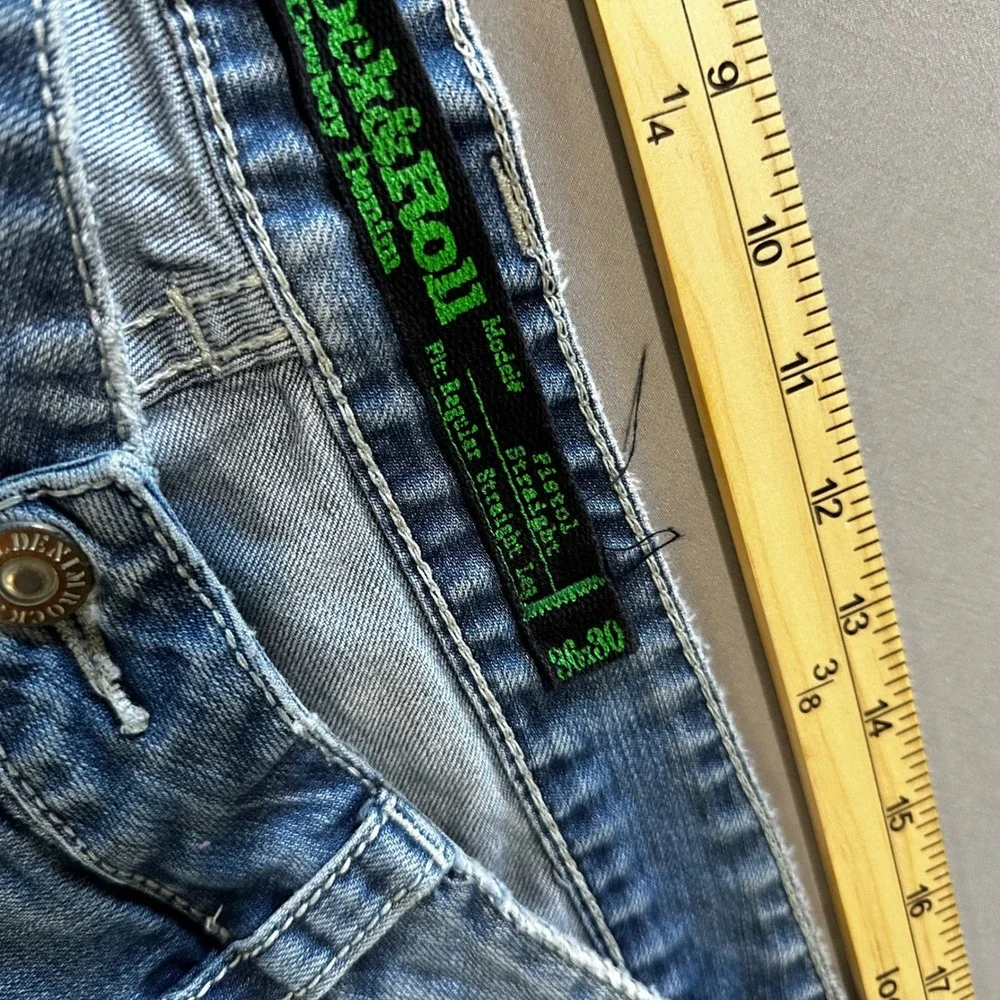 Rock & Roll Cowboy Pistol Jeans Mens 36x30 Blue Good Distressed Straight Leg